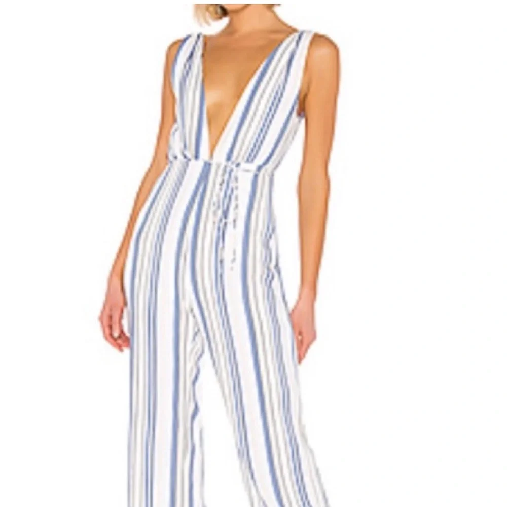 Superdown Bette Deep V Jumpsuit Rayon Multi Stripe Revolve Blue White Pi… - Picture 7 of 16